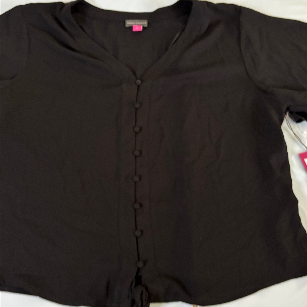 Vince Camuto V-Neck Button Tie Blouse Black Short Sleeve Top Sz L - Picture 3 of 8